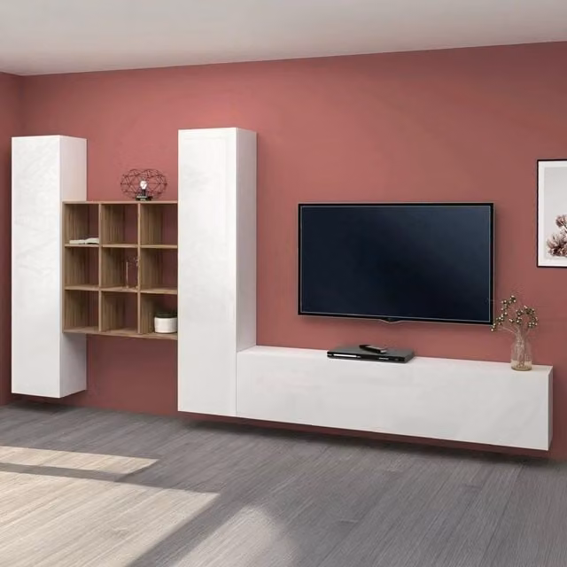 Parete Attrezzata Mobile Soggiorno Genoveffa DMORA Bianco Lucido L: 270 cm, P: 30 cm, H: 180 cm – 1
