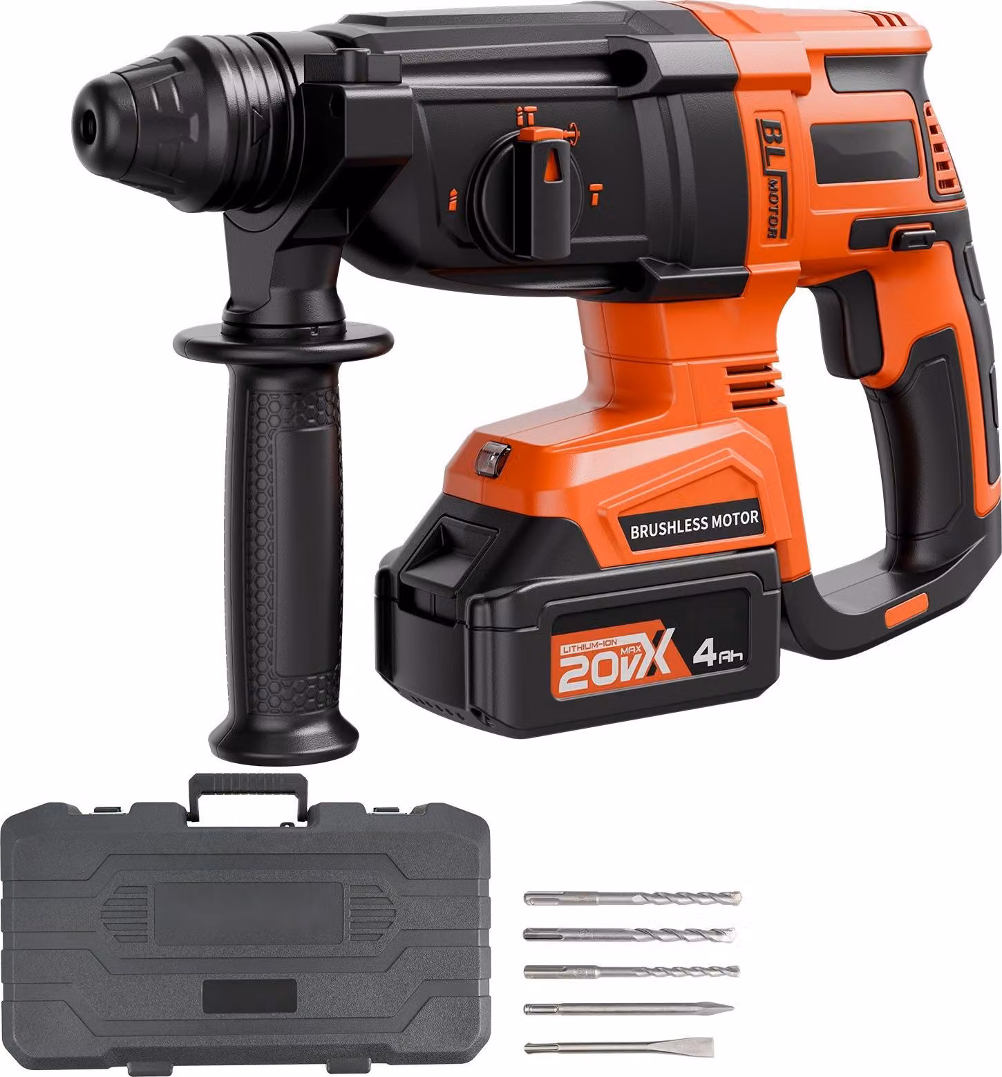Martello perforatore a batteria - SDS-Plus - Motore brushless - Li-Ion 20 V - Capacità di foratura 28 mm - Quattro funzioni - Frequenza di percussione 5300/min - Set con batteria, caricabatterie e valigetta
