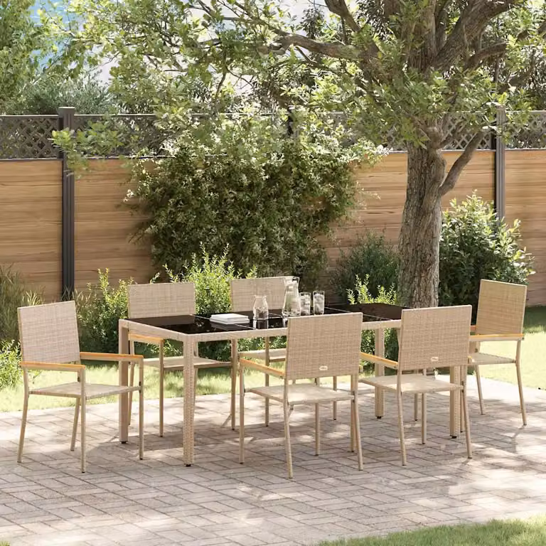 Set da pranzo per giardino vidaXL in polyrattan beige e marrone con tavolo in vetro e legno di acacia, 7 pezzi
