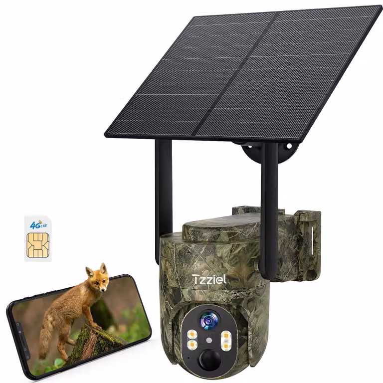Telecamera di sicurezza esterna, 4G LTE, wireless, risoluzione 2K (3MP), rotazione a 360°, alimentazione a pannello solare