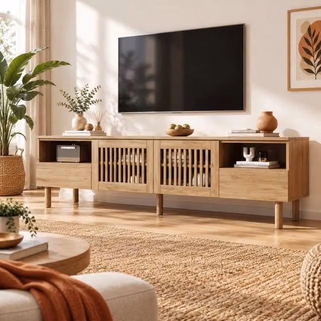 Mobile TV 180x40x51 cm in MDF con 2 ante a griglia; 2 cassetti e gambe in legno massello