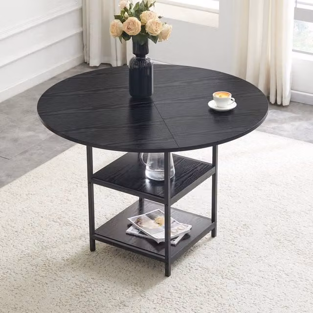 Tavolo da pranzo rotondo Zephmum con piano in MDF nero opaco e struttura metallica con doppio piano di stoccaggio, Diametro: 107 cm, Altezza: 75 cm