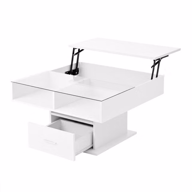 Tavolino da salotto moderno GL Store bianco laccato lucido con meccanismo alzabile e regolabile in altezza, L/P: 78 x 78 cm, H: 45,5 cm – 1