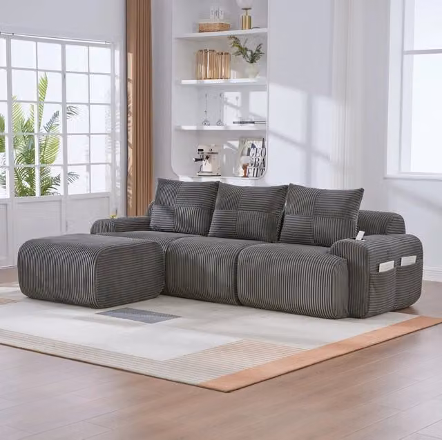 Divano modulare 268x174x80 cm in tessuto grigio scuro, con portabicchieri, per soggiorno –