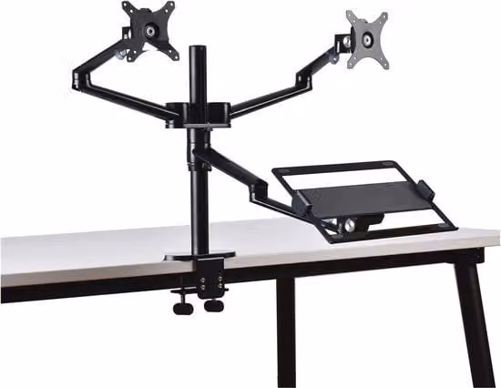Scrivania adattabile in metallo nero con supporto per monitor e laptop da 10 a 32 pollici