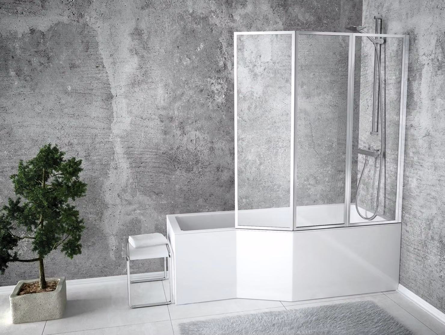 Vasca da bagno angolare 170x75 a destra con grembiule in acrilico, divisorio in vetro, set di scarico e piedini GRATIS | Set completo vasca da bagno in acrilico 5in1 | BADLAND INTEGRA