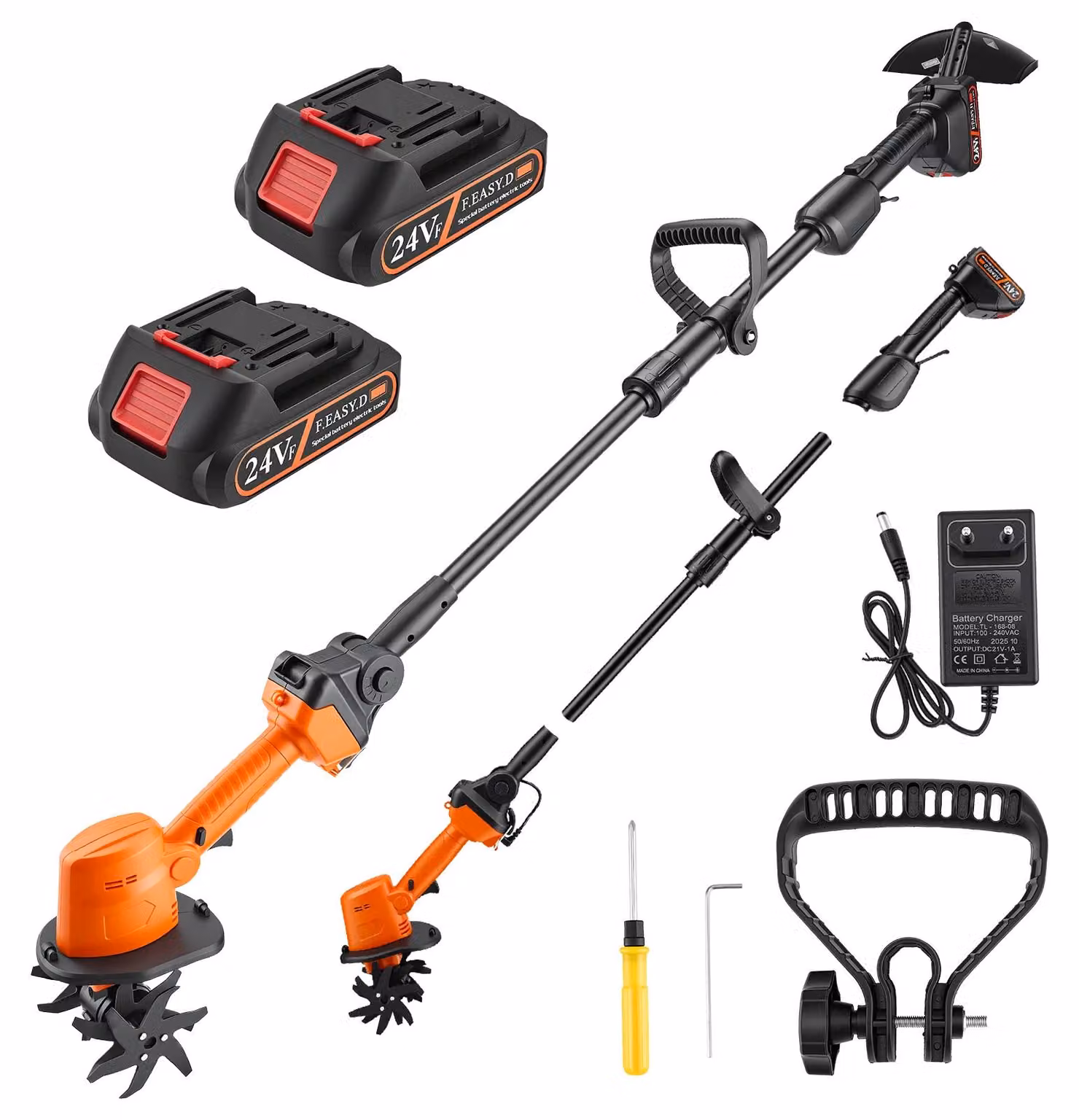 Fresatrice per terreno e zappa - 2-in-1, fresatrice elettrica per giardino - Senza fili - 21 V - Manico telescopico - Per lavorare il terreno e creare solchi - Arancione
