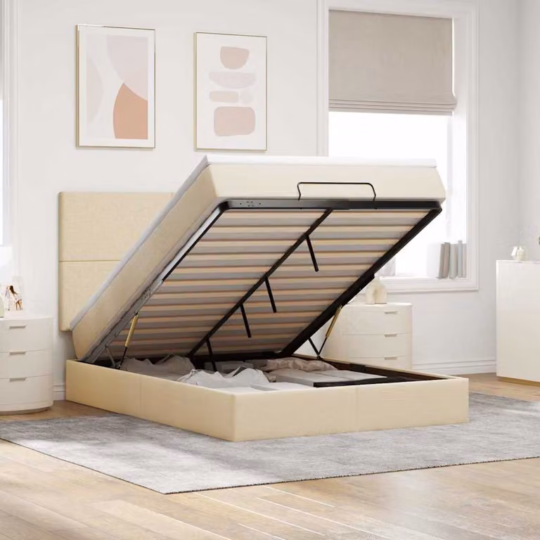 Letto con contenitore e materasso vidaXL in tessuto beige e bianco, con base a sollevamento, illuminazione sottostante e porta di ricarica USB, L/P/H: 200 x 140 x 128 cm