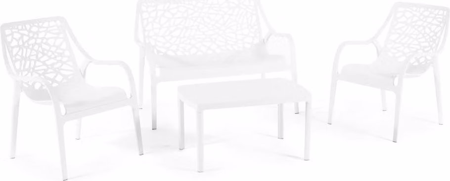 Set da giardino composto da panca a due posti, 2 poltrone e tavolo in resina rinforzata con fibra di vetro – design moderno, robusto e resistente all'acqua, ideale per giardino, terrazza e veranda – MARATEA – Bianco
