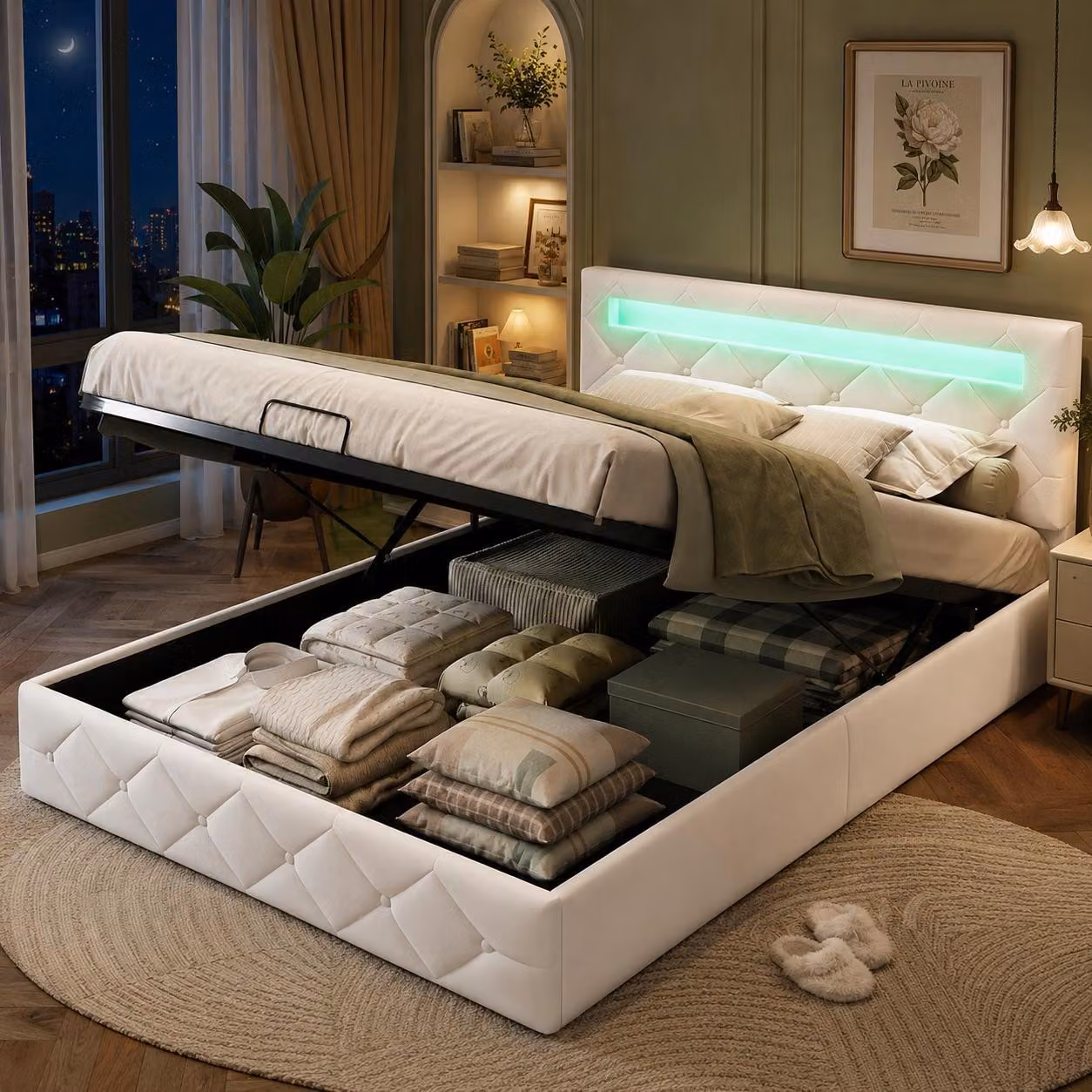 Letto imbottito con boxspring, dimensioni 160x200 cm, con spazio contenitore, letto a molle idraulico con LED, letto matrimoniale con rete a doghe e contenitore, rivestito in velluto bianco