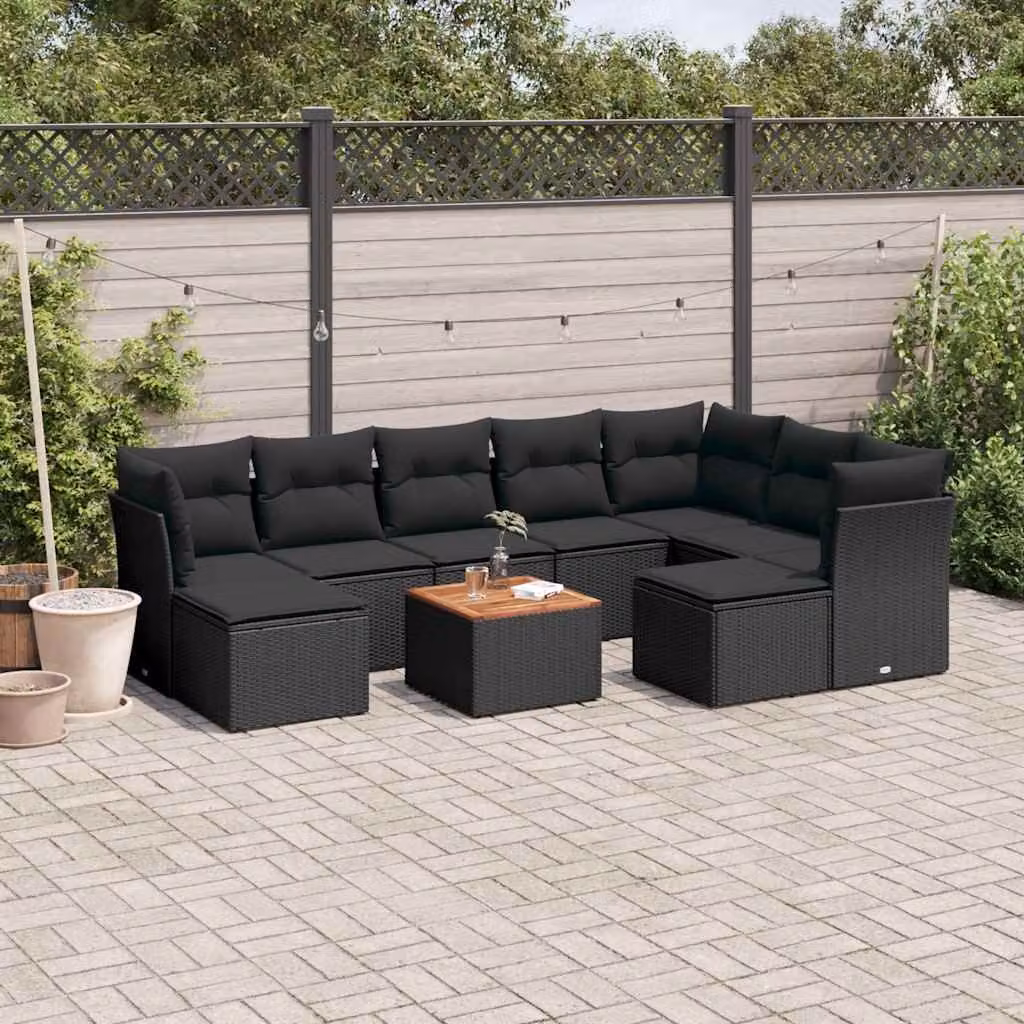Set di divani da giardino vidaXL a forma di U composto da 10 pezzi con cuscini in polyrattan e tessuto resistente ai raggi UV colore nero – 1