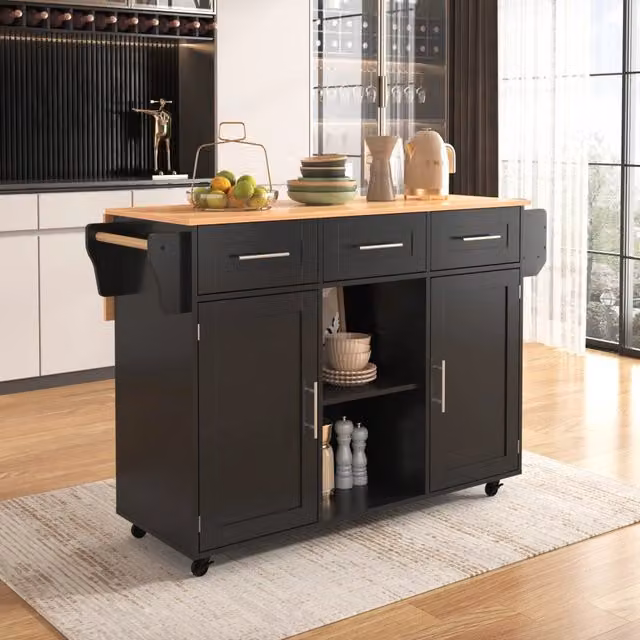 Carrello da cucina con 3 cassetti, ripiani regolabili e piano pieghevole per cucina, nero, 139 × 46(71) × 91,5 cm