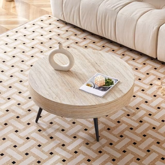 Tavolino basso rotondo in MDF effetto travertino chiaro con gambe in metallo nero per soggiorno 70 cm
