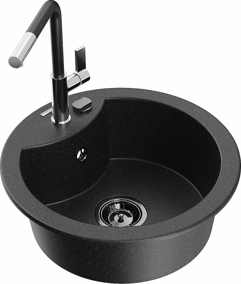 Mexen Diego lavello in granito a 1 vasca con miscelatore Flora, nero/metallo argento - 6512-73-670401-07-B