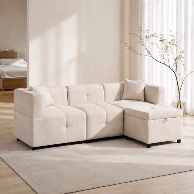 Divano modulare 3 posti ULEVR in ciniglia beige con pouf contenitore e 2 cuscini, 204x126 cm