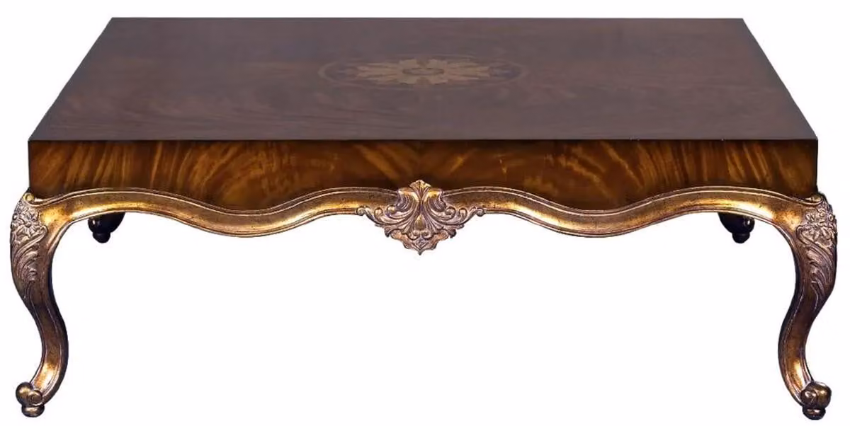 Casa Padrino tavolino barocco intarsiato marrone/oro antico 130 x 130 x h. 46 cm - Magnifico tavolo da salotto in stile barocco - Mobili barocchi - Mobili in stile barocco - Nobile & Magnifico