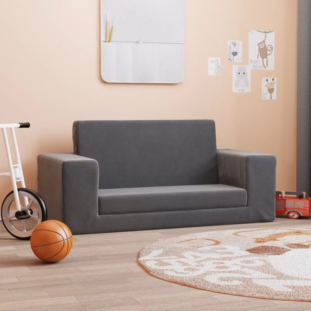 vidaXL Divano Letto per Bambini a 2 Posti in Morbido Peluche, Colore Antracite, L: 150 cm, P: 60 cm, H: 38 cm