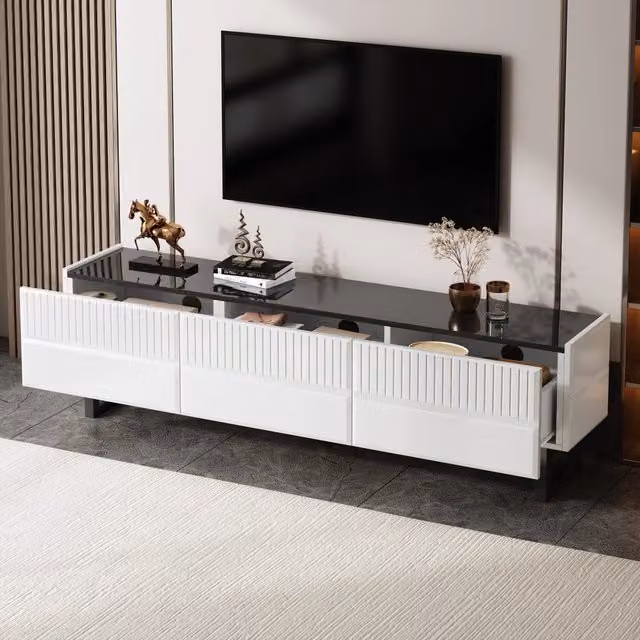 Mobile TV Mivray moderno con cassetti, piano lucido in MDF e gambe in metallo, nero e bianco, L: 170 cm, P: 35 cm, H: 47 cm – 1