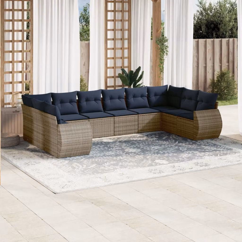 Set di divani da giardino vidaXL in polyrattan con cuscini grigi e blu, design moderno a forma di L con struttura in metallo e coperture rimovibili