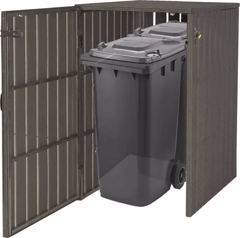 XL 1/2 WPC coperchio del cestino HWC-J28, cestino per rifiuti, metallo effetto legno, espandibile ~ grigio