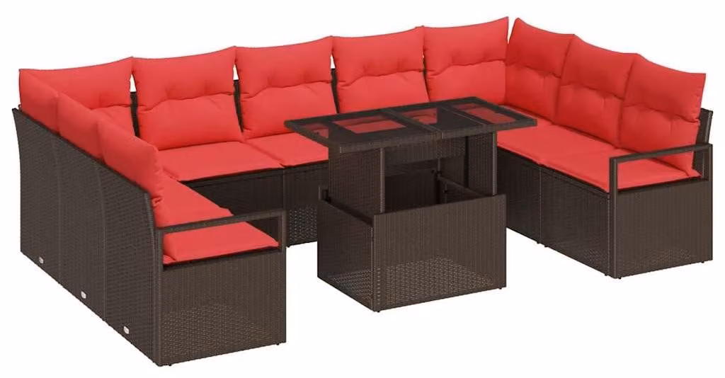 Set di divani da giardino, 10 pezzi, color marrone, in rattan sintetico