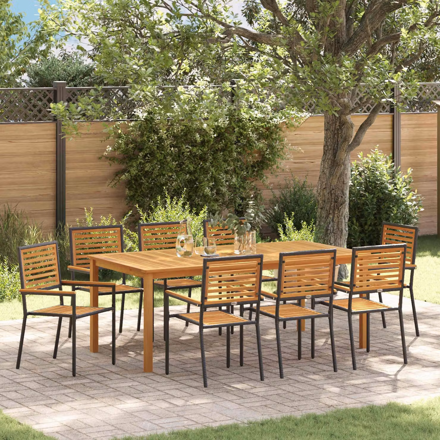 vidaXL Set da Pranzo per Giardino e Terrazzo 9 pz in Polyrattan e Legno di Acacia Nero e Marrone – 1