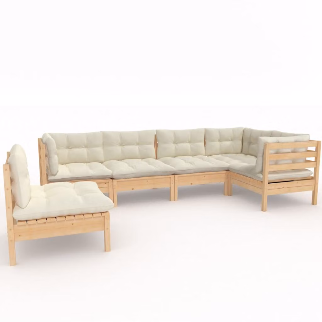 Set Salotto da Giardino 6 pz con Cuscini Crema Legno di Pino