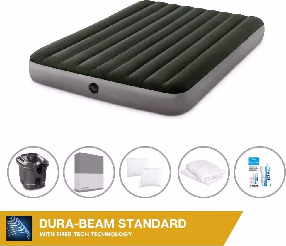 Letto ad aria Intex - 2 persone - 152 x 203 x 25 cm - Verde - Con pompa + lenzuola antracite + cuscino + federe Molton 2 in 1 + set di riparazione