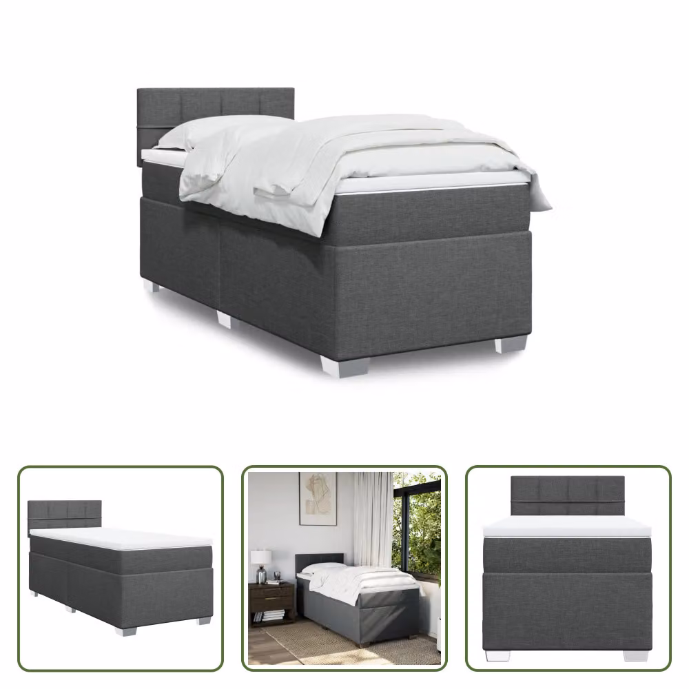 The Living Store Letto a molle con materasso grigio scuro 100x200 cm in tessuto