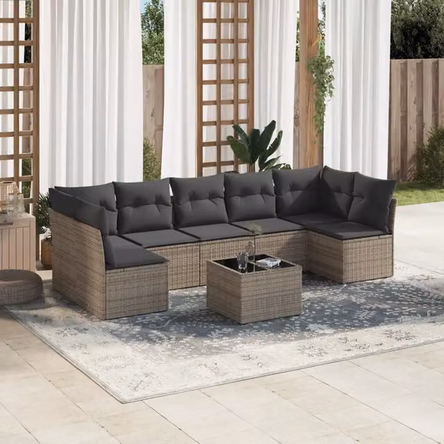 Set Divano da Giardino a L VIDAXL in Polyrattan Grigio con Cuscini, 8 Posti