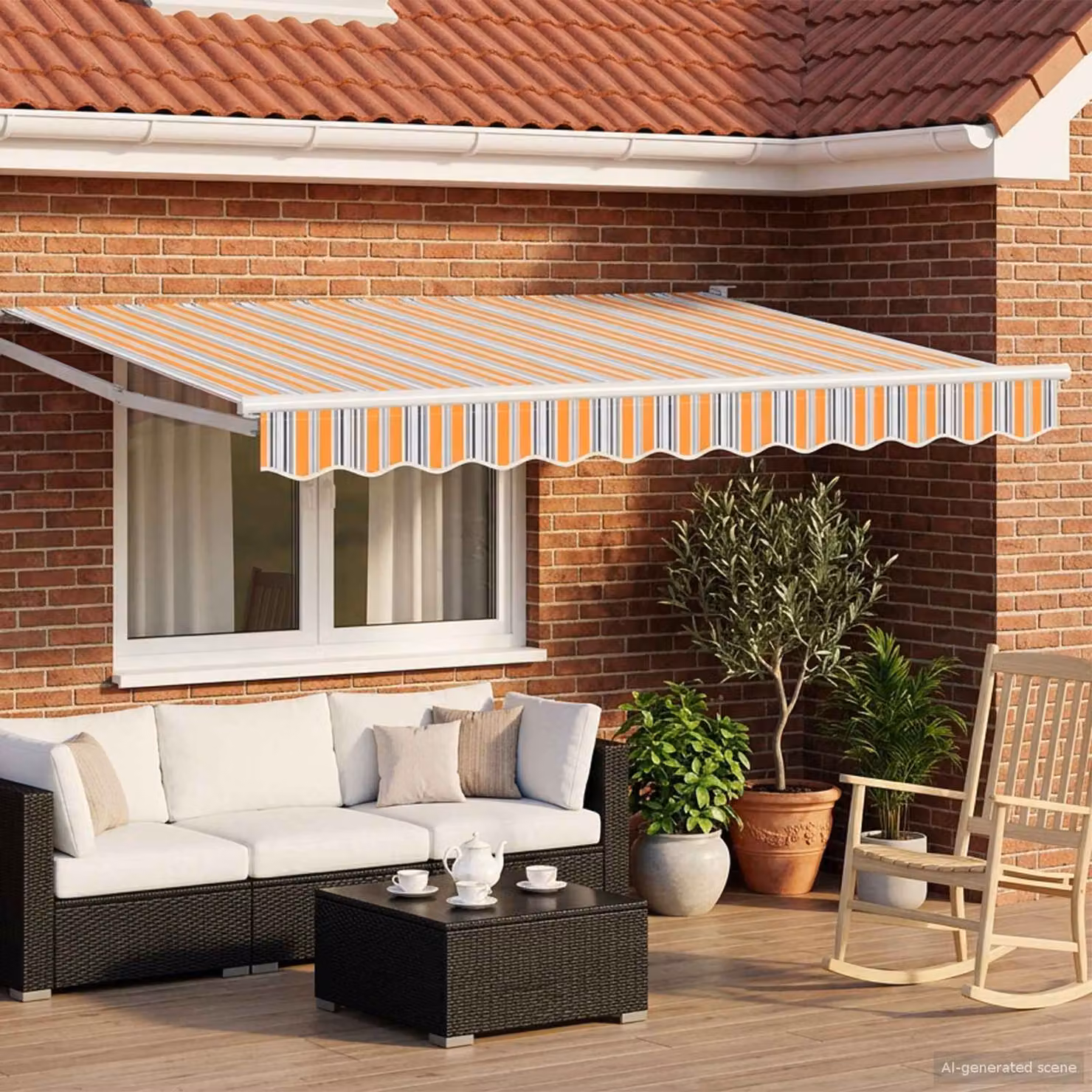 Tettuccio elettrico retrattile vidaXL con bracci pieghevoli in alluminio e copertura in poliestere, Blu, Arancione e Bianco, L: 3,5 m x P: 2,5 m