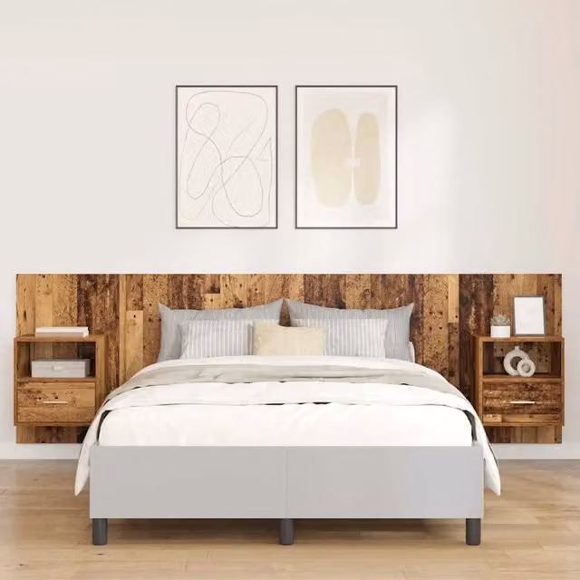 Testata con Comodino 3 pz-Set di 3 Testiera con Contenitore Legno vecchio Legno multistrato 317067