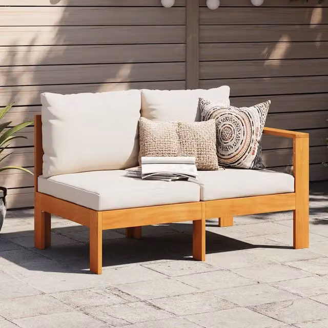 Divano da giardino a 2 posti con 1 bracciolo destro in legno di acacia e cuscini beige o bianchi – 1