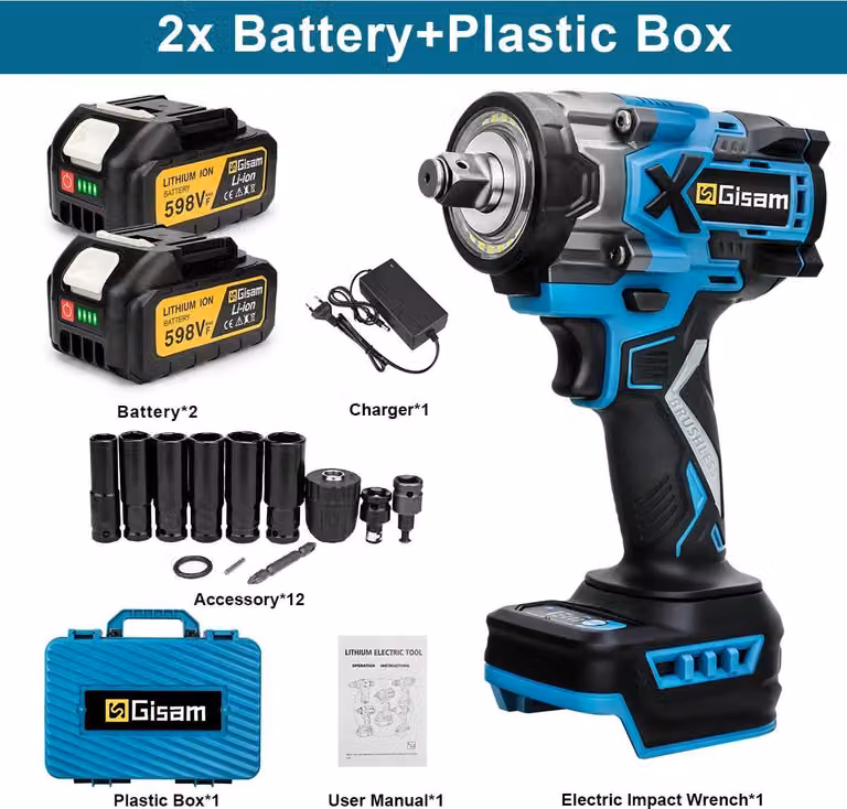 Avvitatore a impulsi - Senza spazzole - Attacco quadrato da 1,27 cm - Coppia di 900 Nm - 6000 giri/min - Batteria, 2 batterie - Valigetta in plastica - Colore oro