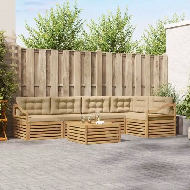 Set di divani da esterno a L con tavolino vidaXL in legno di acacia, colore bianco e beige, composto da 6 pezzi con cuscini inclusi