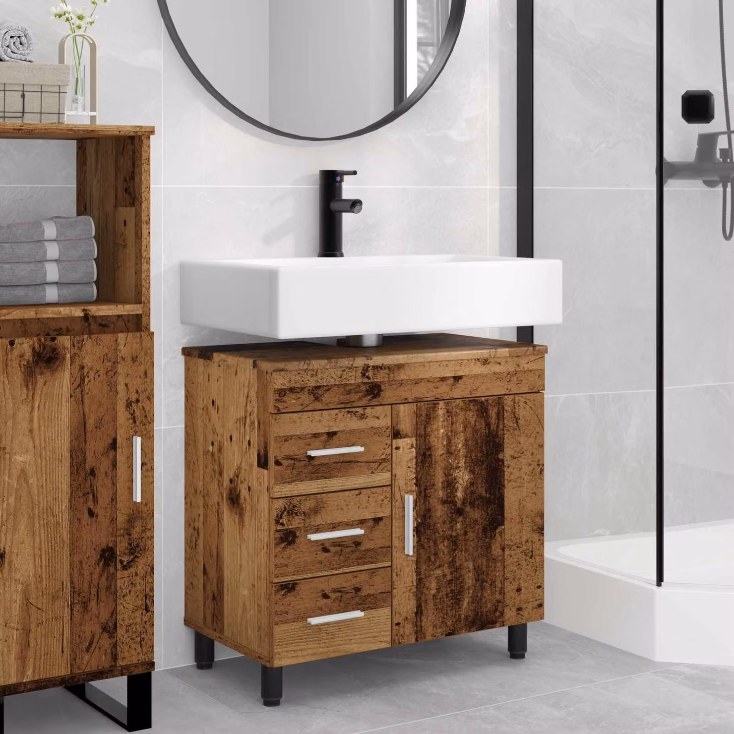 Mobiletto da bagno moderno vidaXL in legno e metallo marrone con ante a battente e ripiani interni L: 60 cm, P: 35 cm, H: 60 cm