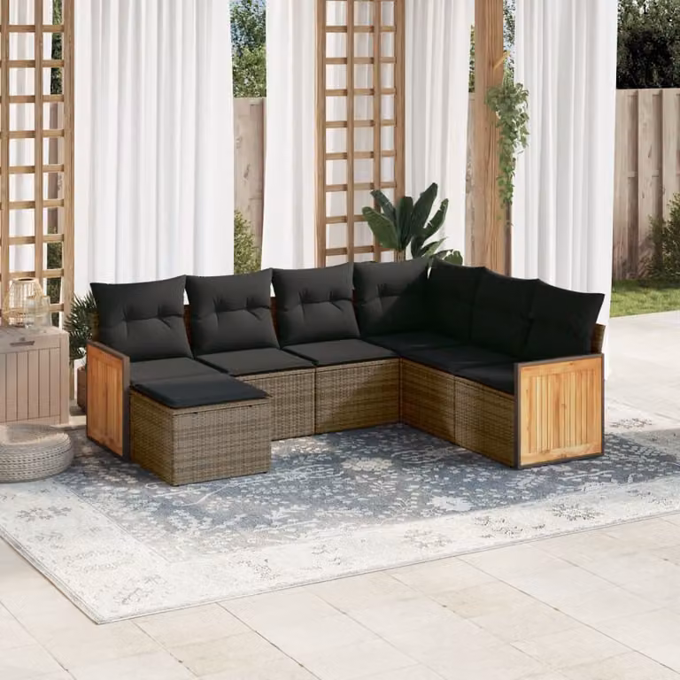 Set di divani da giardino vidaXL a forma di L composto da 7 pezzi in polyrattan grigio con cuscini inclusi