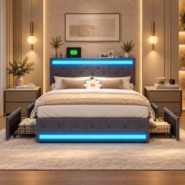 Letto imbottito 180x200cm con Contenitore;letto matrimoniale con 4 cassetticon;LED e USB; letto con testiera regolabile in altezza;Lino Grigio Scuro