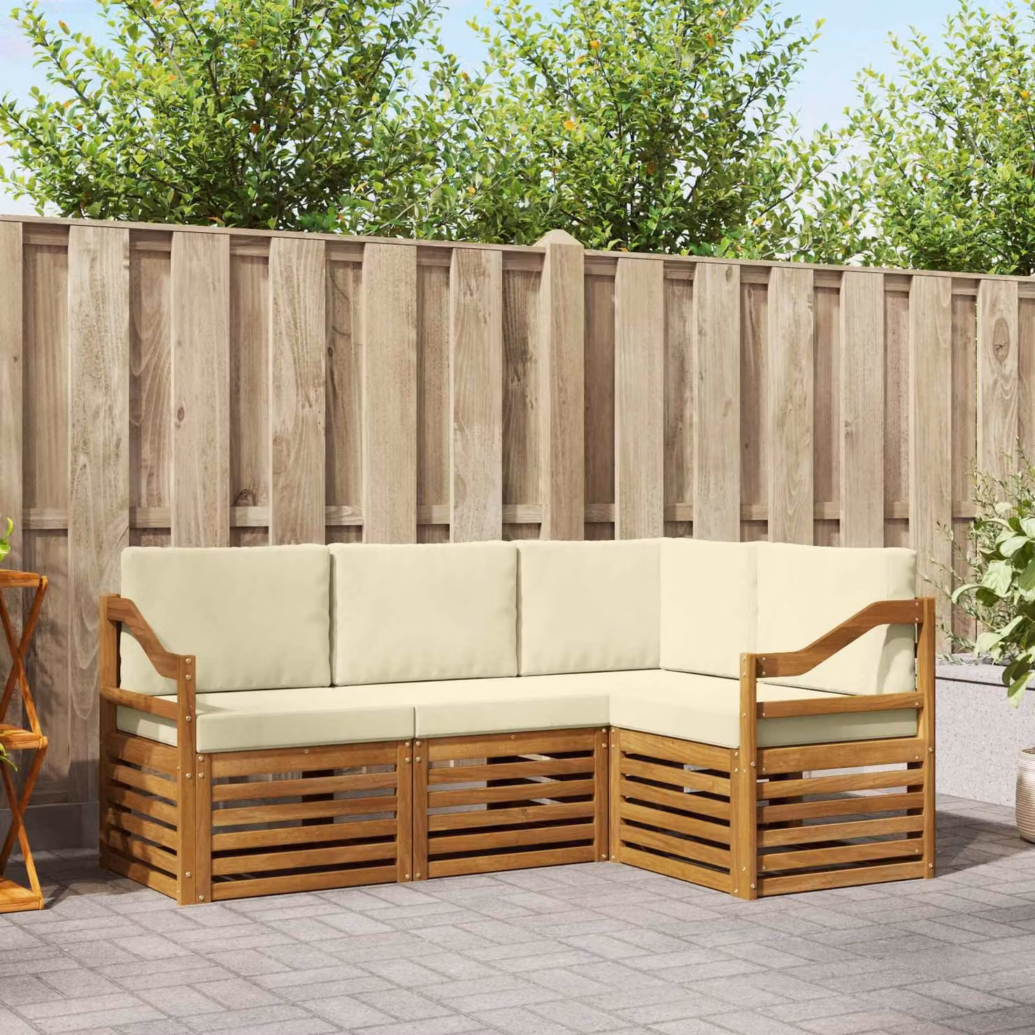 Set di divani da esterno vidaXL 4 pezzi a forma di L in legno di acacia con cuscini beige e crema in poliestere resistente ai raggi UV