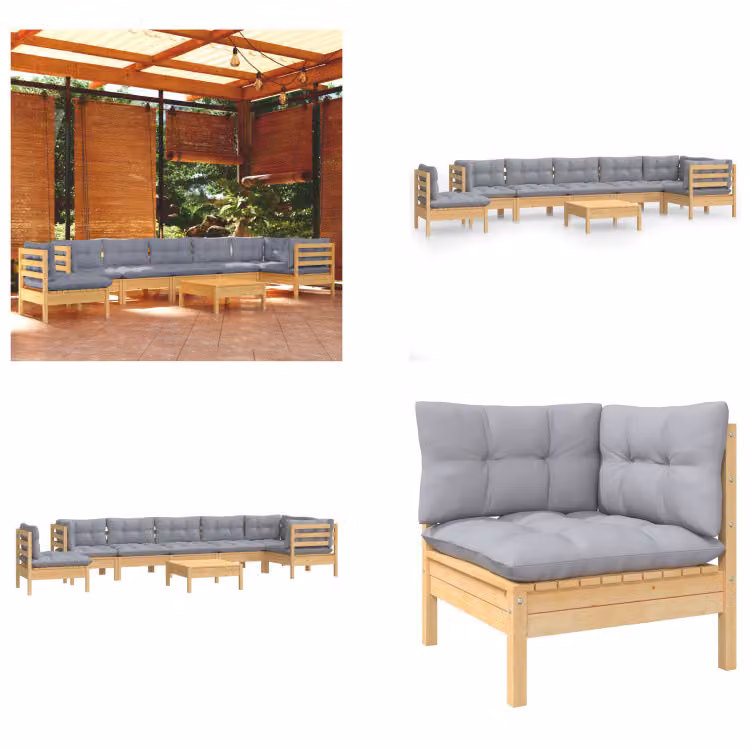 vidaXL Set salotto da giardino 9 pezzi con cuscini grigi in pino massiccio - Set salotto da giardino - Set salotto da giardino - Set mobili da giardino - Set mobili da giardino