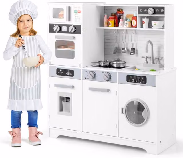 Set di giocattoli in legno cucina da gioco per bambini con lavello, rubinetto e dispenser d'acqua, colore bianco, L: 89 cm, P: 31,5 cm, H: 80 cm