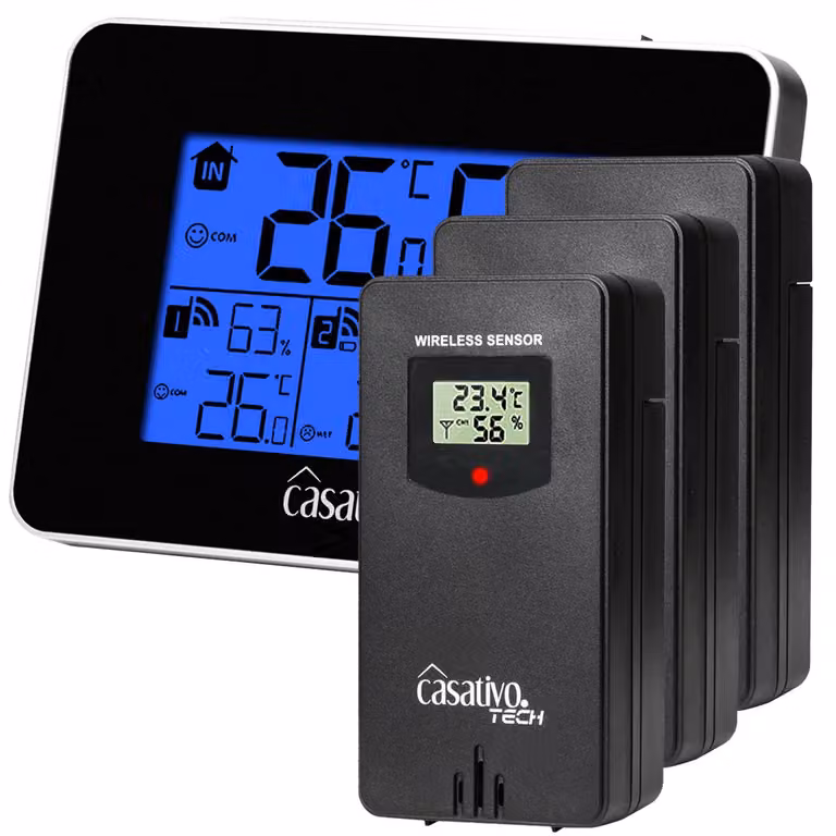 Stazione meteorologica con 3 sensori wireless e display LCD: temperatura, igrometro, andamento del tempo e consigli su riscaldamento e ventilazione per il tuo benessere