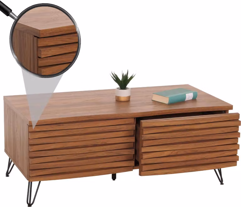 Tavolino HWC-M49, tavolo da salotto Tavolo, design 3D 2 cassetti MDF metallo 46x110x55cm ~ Aspetto noce