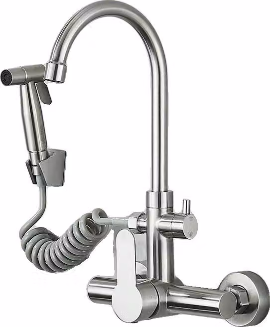 Rubinetto per lavabo, acciaio inox, a parete, nichel spazzolato B