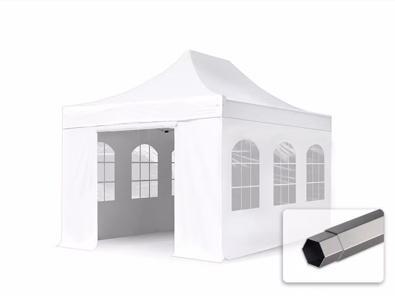 TOOLPORT 3x4,5m gazebo pieghevole con laterali (finestre panoramiche), PREMIUM acciaio, bianco