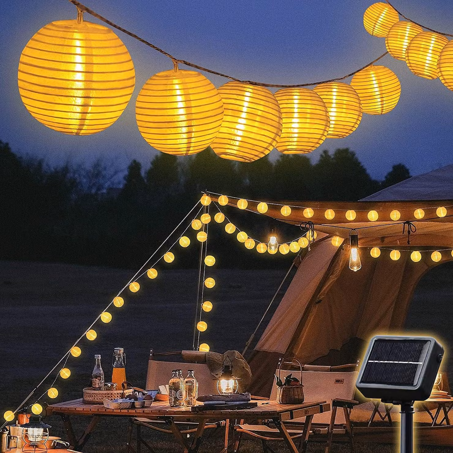 SALCAR – Catena luminosa solare LED da 10 metri per campeggio, con lanterne esterne, 30 luci a LED, lanterne appendibili, resistenti agli agenti atmosferici (IP44), luci solari per giardino, decorazioni natalizie, luce bianco caldo