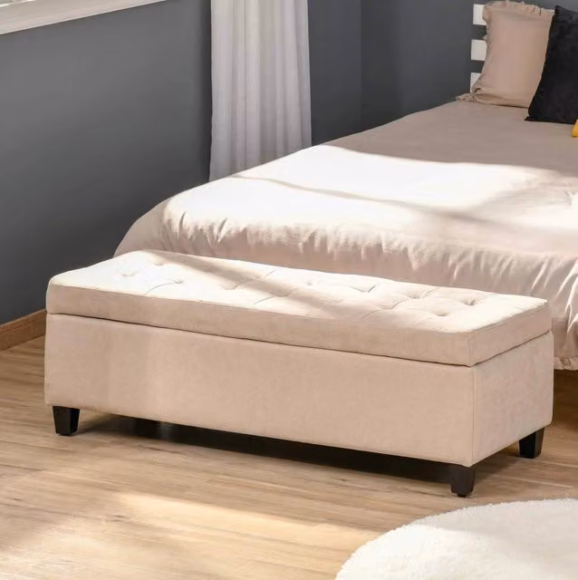Panca contenitore imbottita ULEVR 125x49x41,5 cm con coperchio, seduta trapuntata e rivestimento beige effetto lino