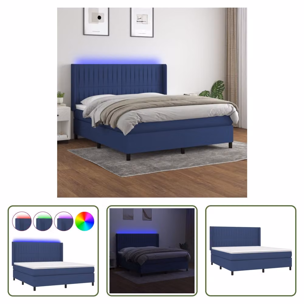 The Living Store Letto a molle insacchettate con materasso e LED Tessuto blu 160x200 cm