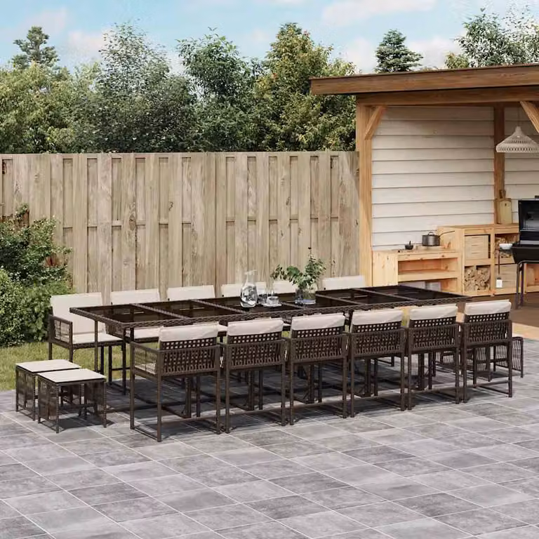 Set da Pranzo da Giardino vidaXL 17 pz in Polyrattan Marrone con Cuscini e Tavolo in Vetro