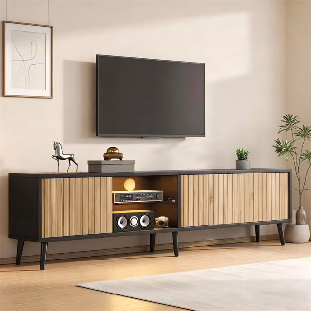 Mobile TV LED con 3 ante e ripiani in vetro regolabili; 6 gambe in metallo naturale e nero 175 × 31 × 43.5 cm